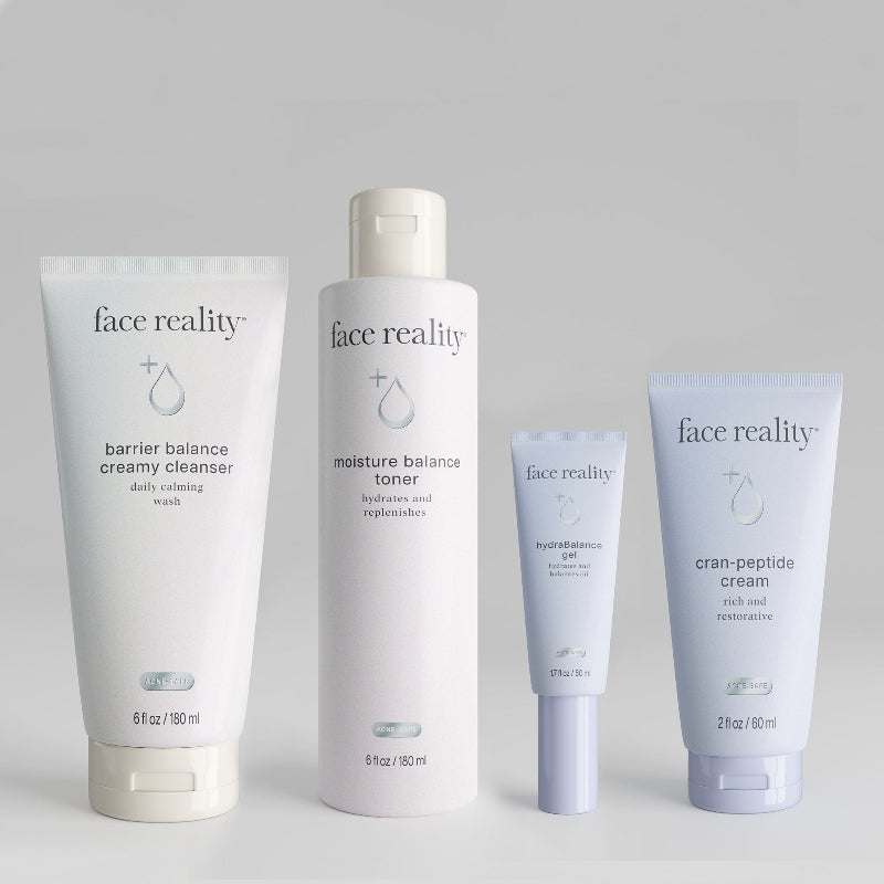 Face Reality Products; barrier balance creamy cleanser, moisture balance toner, hydrabalance gel, and cran-peptide cream side by side from left to right on a light grey background.